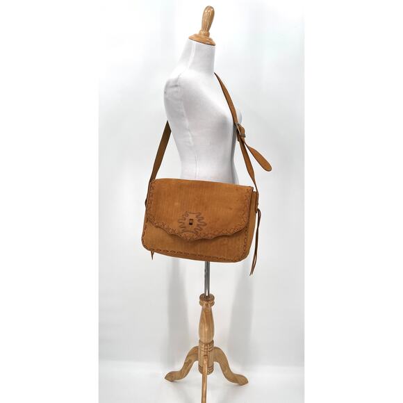 Vintage Crossbody Messenger Bag Brown Nubuck Leather Adjustable Strap Western